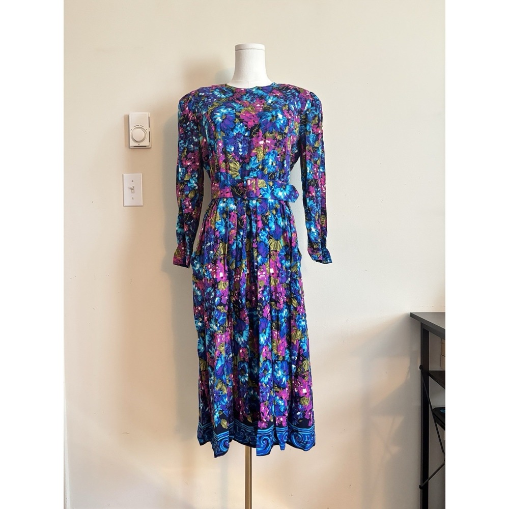 VTG 80s Chaus Printed Floral‎ Dress Womens Medium 8Belted Colorful Pink Blue